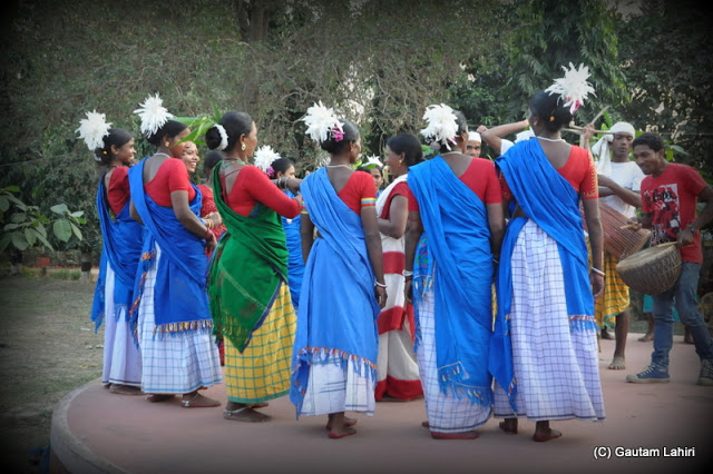 Santal village girls dancing to the tune of the rustic music which stopped us on our track   at Santiniketan, West Bengal, India by Gautam Lahiri