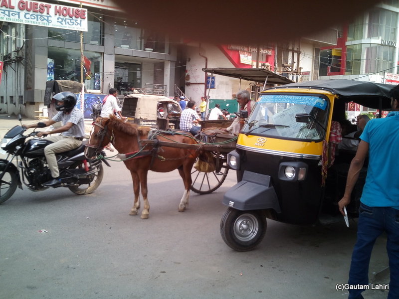At Gaya, A tanga stood patiently for a customer to hire it. An auto rickshaw too stood beside it to woo customers using speed of travel as its USP by Gautam Lahiri