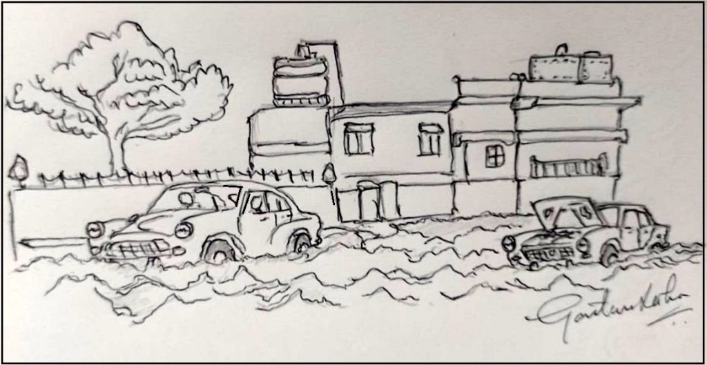 The maruti 800 driving through the rain washed Camac street of Kolkata, 1999.