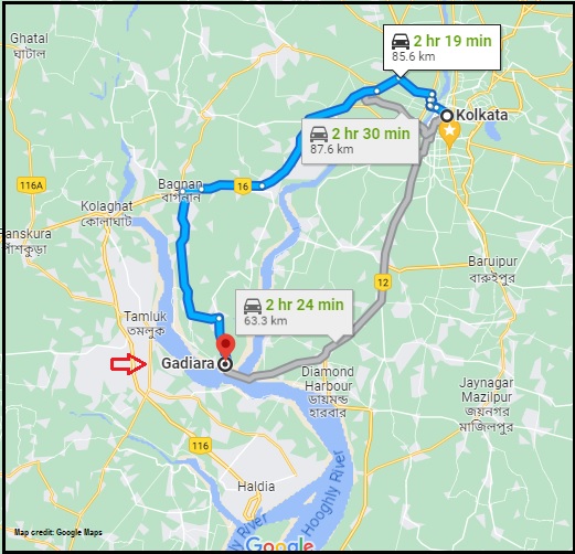 Google map of Kolkata to Gadiara, India.