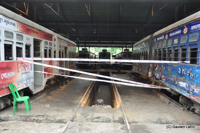 Series of old Calcutta Tramways tram parked at Ballygunge tram terminus, Kolkata, West Bengal, India by Gautam Lahiri