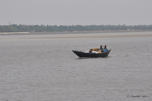 A country boat loaded with fishes and net making its way to a local market. Couple of passengers hitched a ride too at Taki, West Bengal, India by Gautam Lahiri