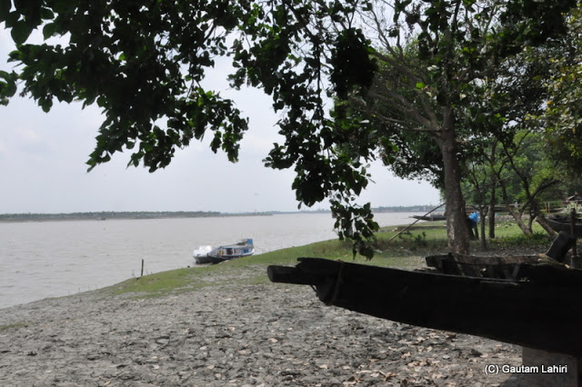 A locally made wooden boat juts out and rests under the tree branches. Waiting in the shadows for its owner to push her into the passing river  at Taki, West Bengal, India by Gautam Lahiri