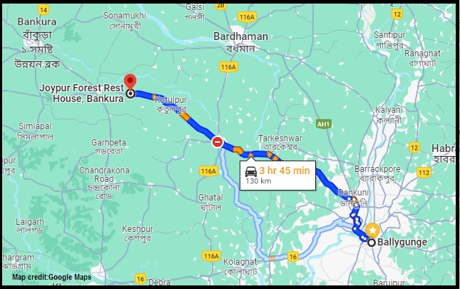 Our route map from Kolkata to Joypur forest, West Bengal, India.