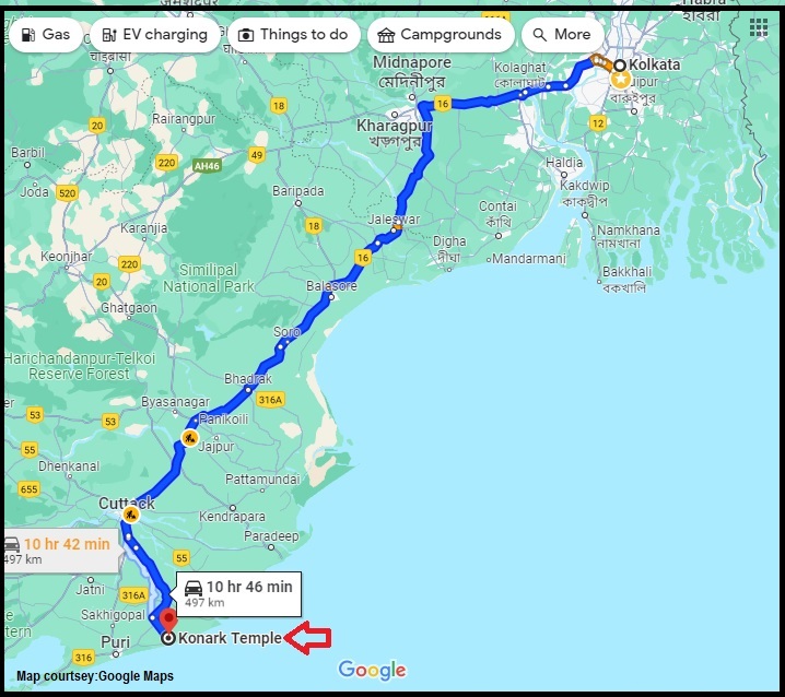 Route map from Kolkata to Konark temple, Orissa India