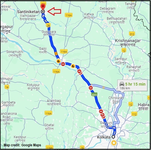 Kolkata to Santiniketan map