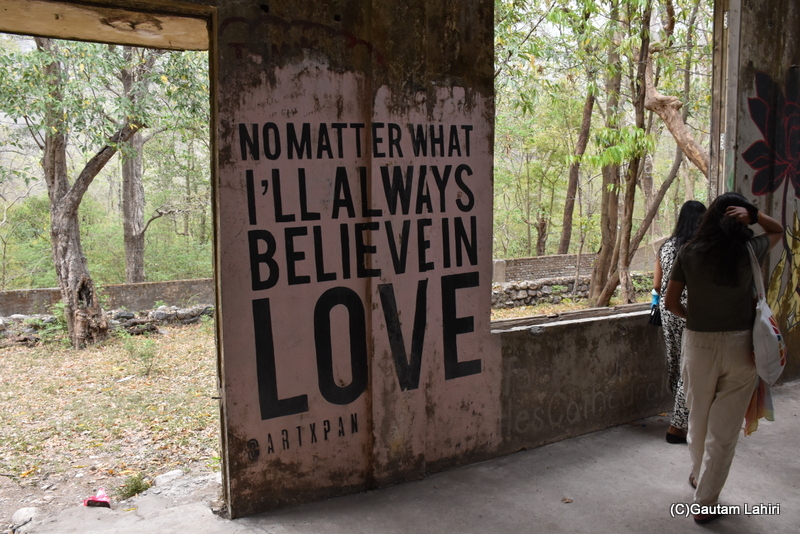 The conference room with Beatles and Mahesh Yogi 
graffiti, Chaurasia Kutiya, Rishikesh by gautam lahiri