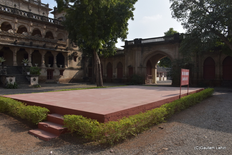An elevated pedestal before the decorated building of the main palace, used for Royal functions still today at Naulakha Palace, Gondal by gautam lahiri